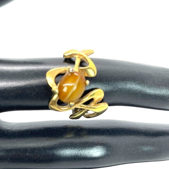 Tiger Eye VTG Art Nouveau 18KT HGE Gold Plate Ring Abstract MCM Retro Size 6.25 - Picture 2 of 11
